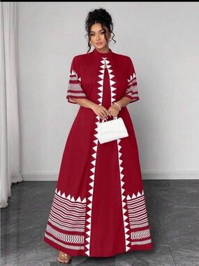 SHEIN Red Maxi Dress with White Geometric Trim